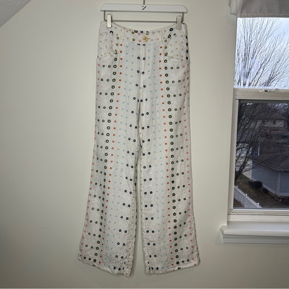 Anthropologie Ett:twa White Linen Colorful Eyelet Wide-Leg Trousers Pants Size 2 - Picture 5 of 10